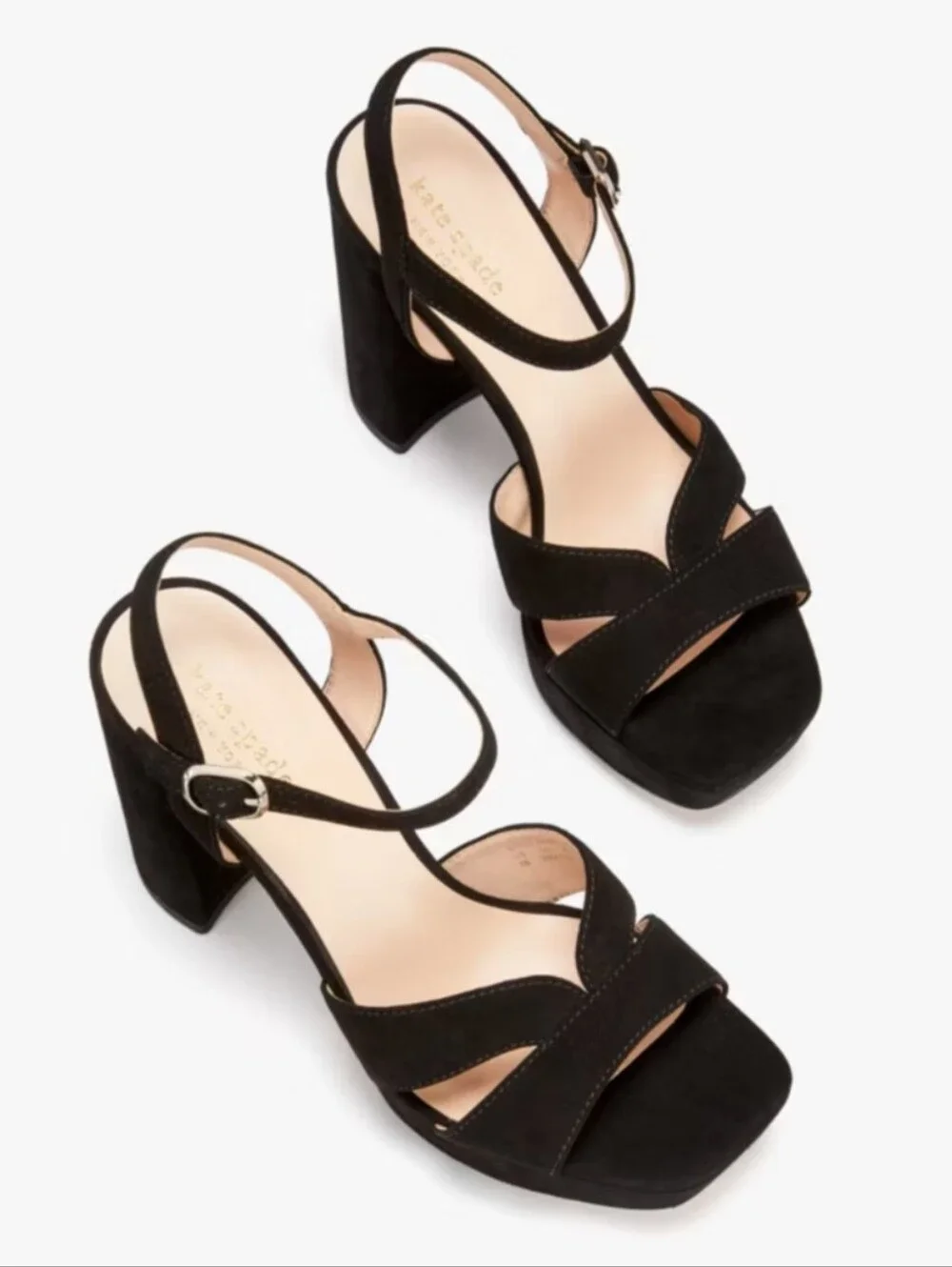 Kate Spade Delight Black Suede Block Heel Platform Sandals, Sz 7.5